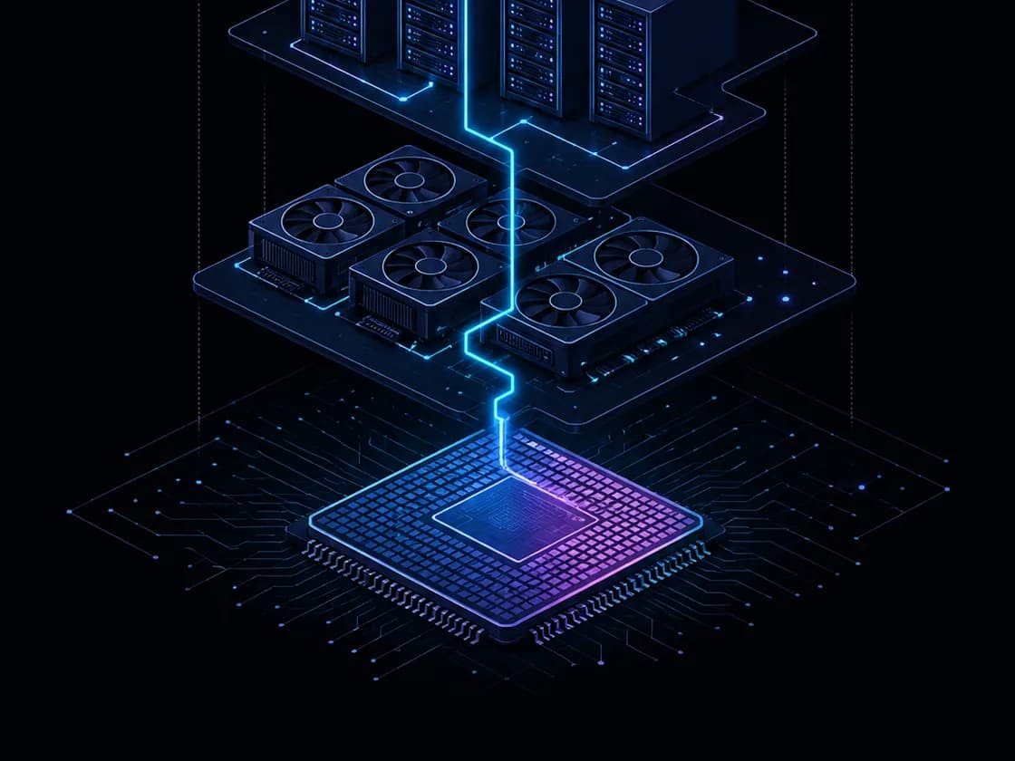 Isometric illustration of an AI infrastructure stack, from silicon die to GPU boards to server racks to cloud nodes