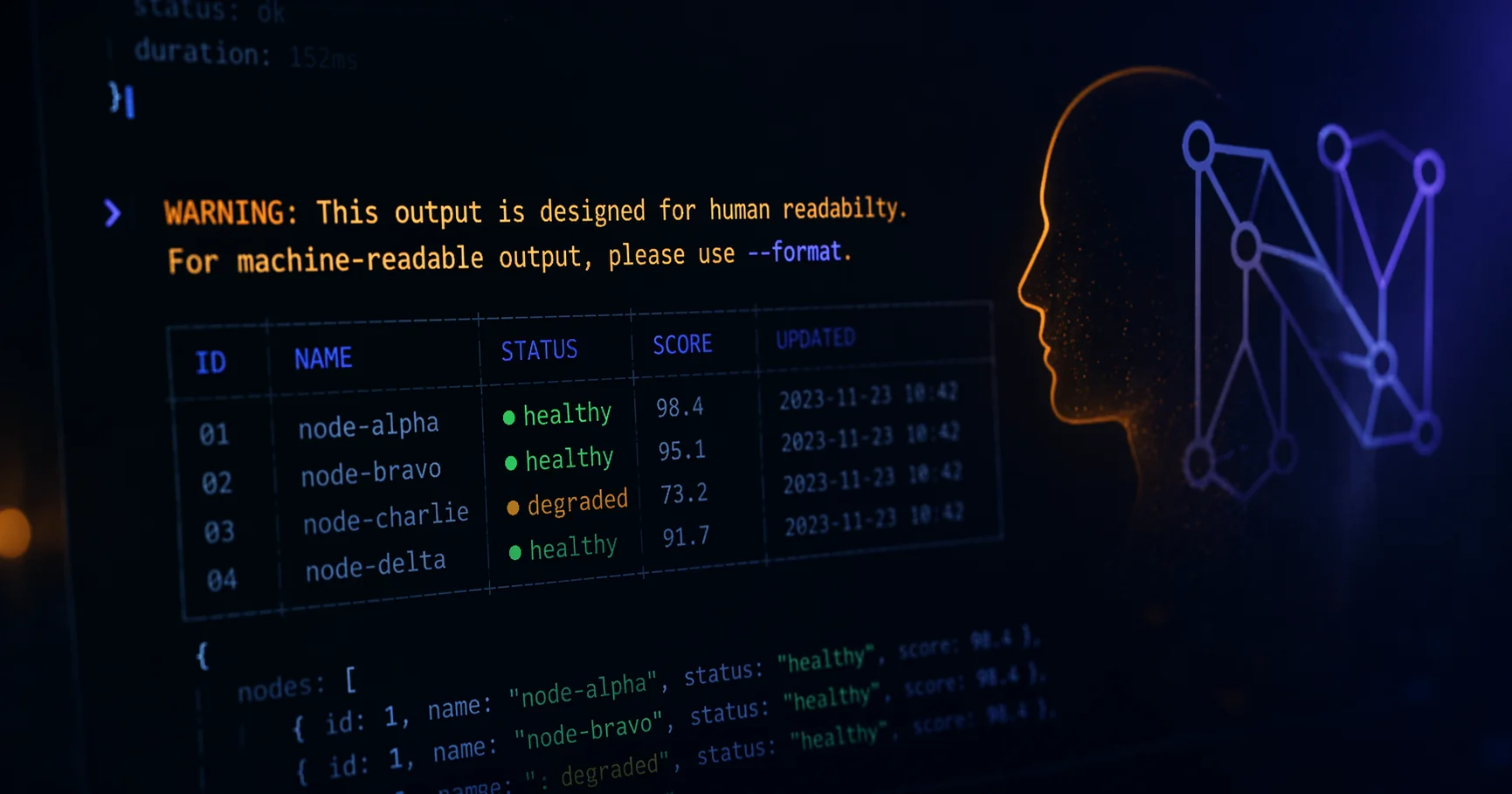 A terminal screen showing the warning 'This output is designed for human readability. For machine-readable output, please use --format' above an ASCII status table and a JSON payload, with a human silhouette on one side and an abstract AI agent network glyph on the other — the two readers of modern software.